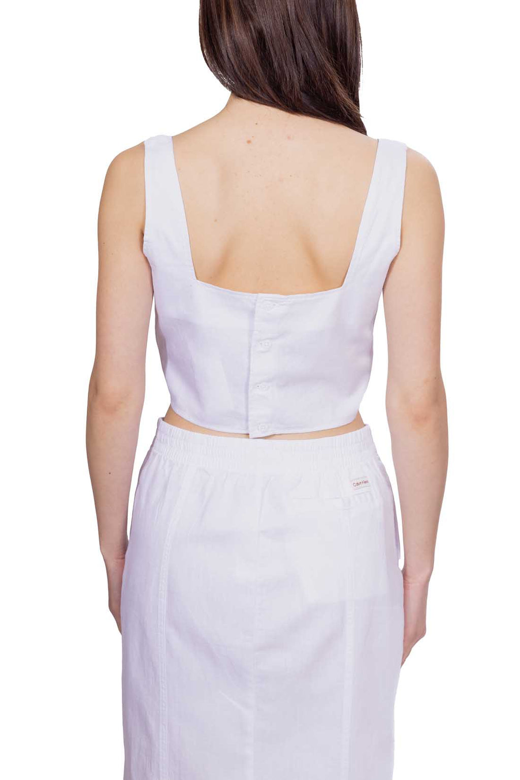 White women's sleeveless top in cotton linen twill with a chic square neckline — view 15