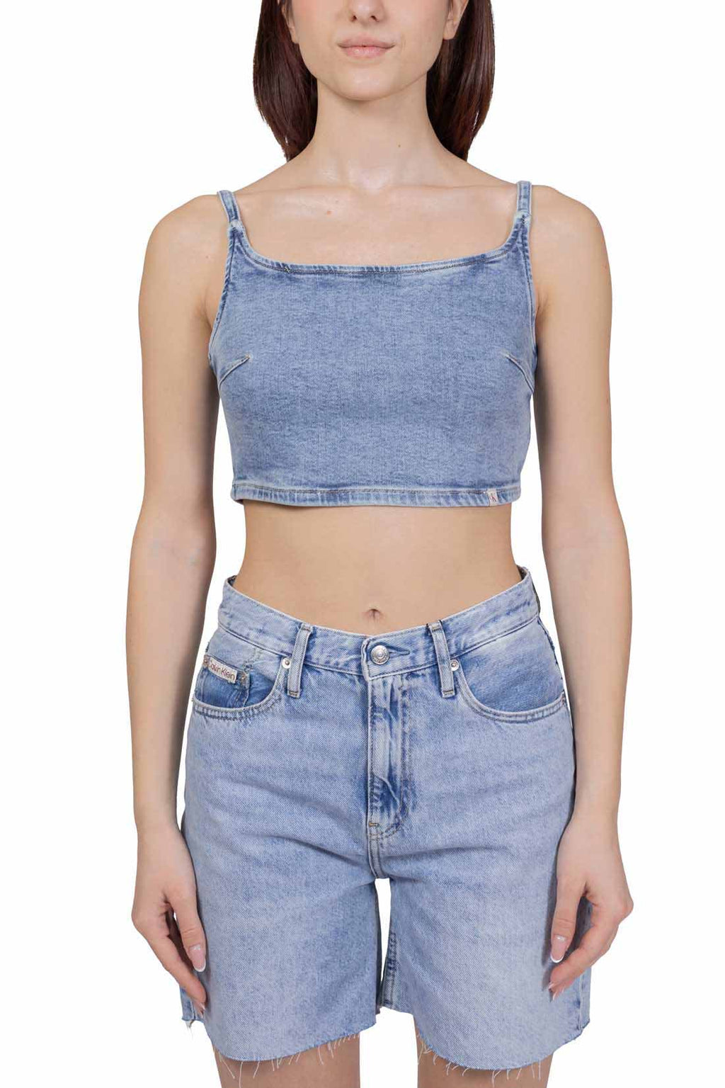 Women's light wash denim bralette crop top with thin straps and back zipper fastening — view 8
