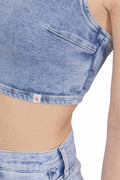 Women's light wash denim bralette crop top with thin straps and back zipper fastening