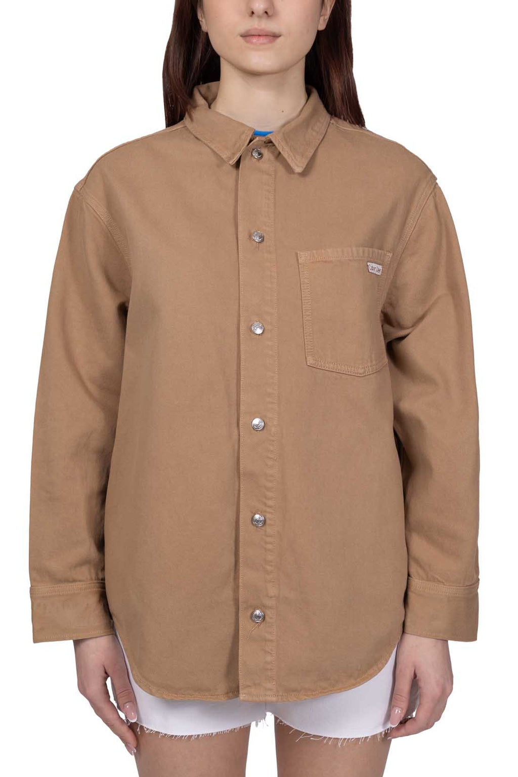 Womens oversized brown denim overshirt with front pockets button fastening and pointed collar — view 5