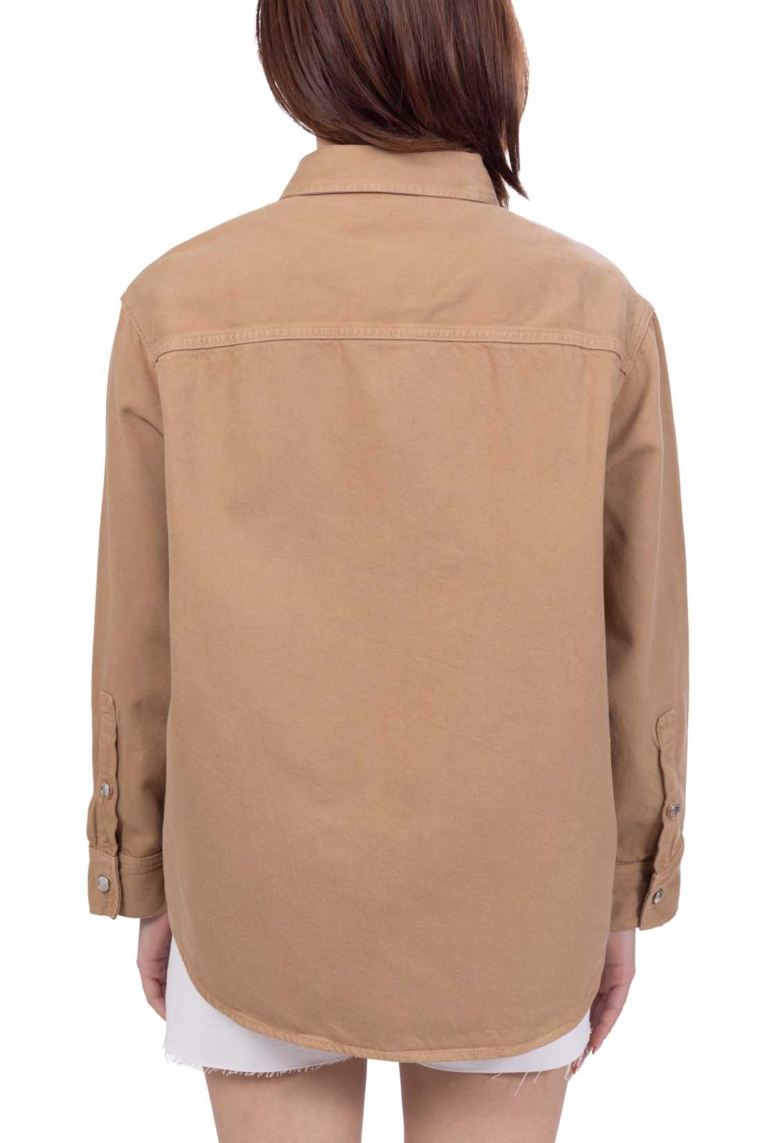Womens oversized brown denim overshirt with front pockets button fastening and pointed collar — view 8