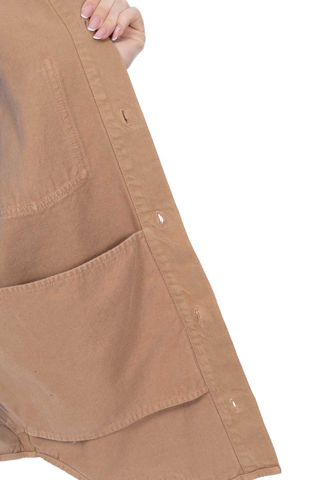 Womens oversized brown denim overshirt with front pockets button fastening and pointed collar