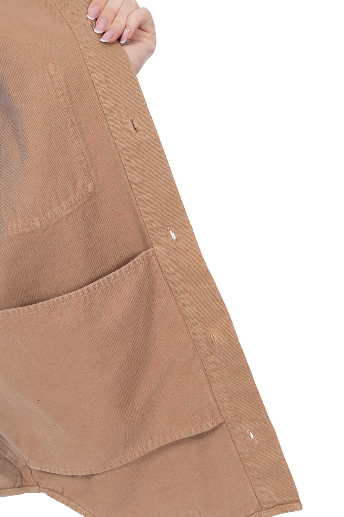 Womens oversized brown denim overshirt with front pockets button fastening and pointed collar