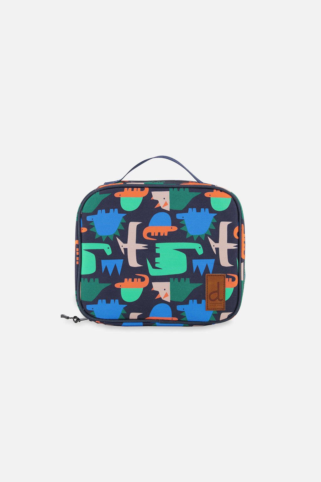 Blue dinosaur print insulated snack box with carry handle and eco-friendly recycled polyester construction