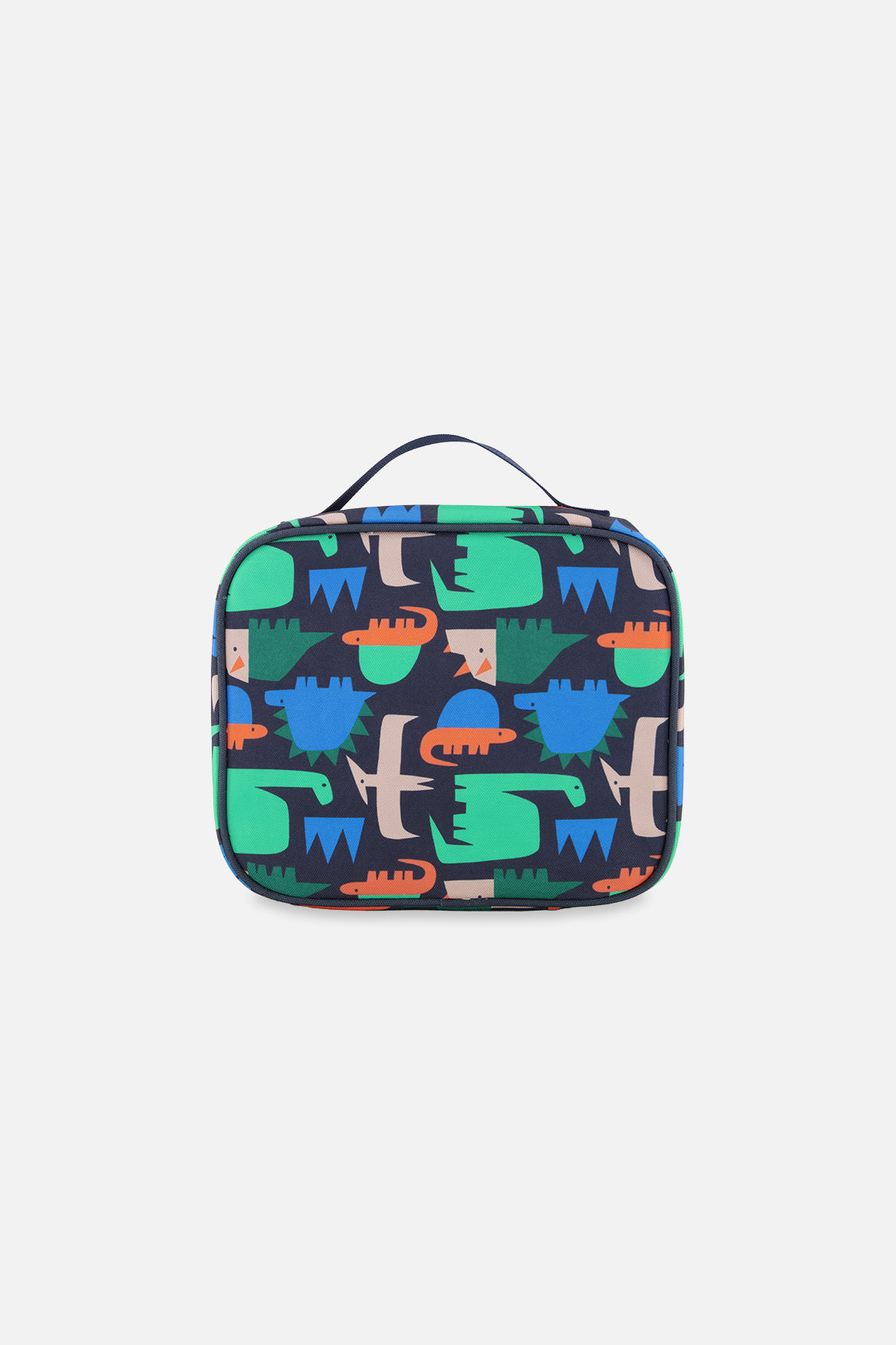 Blue dinosaur print insulated snack box with carry handle and eco-friendly recycled polyester construction — view 2