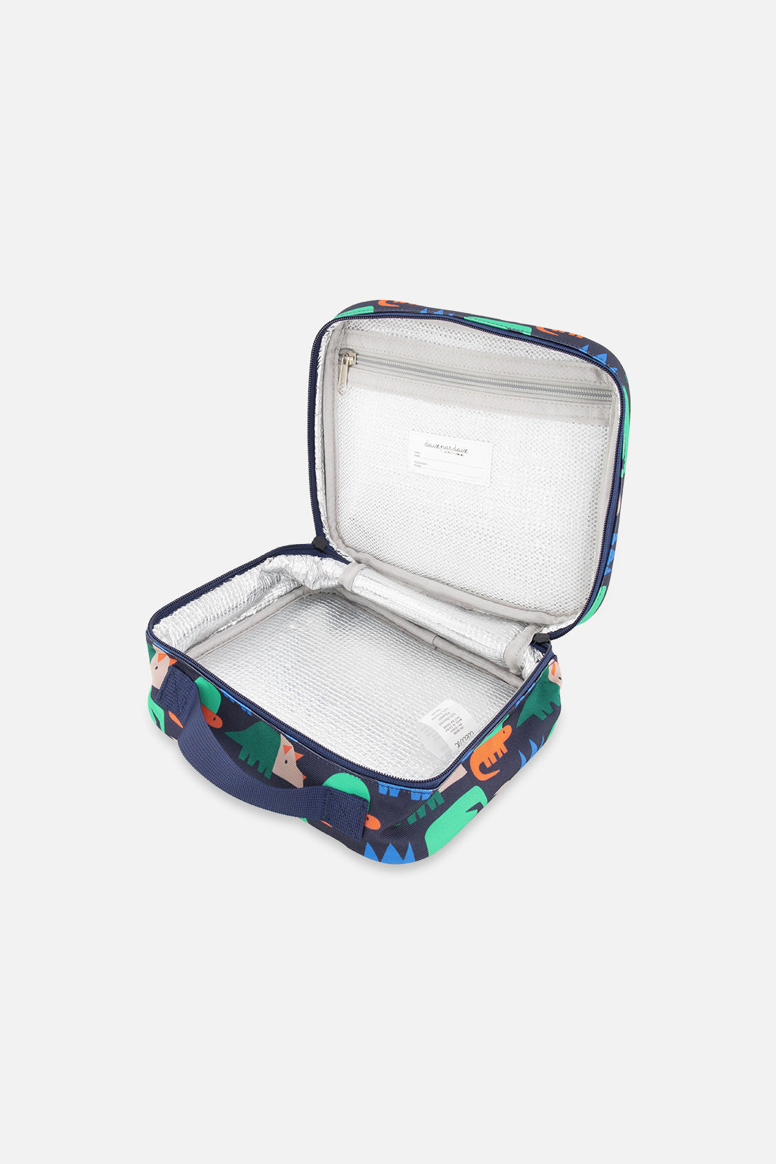 Blue dinosaur print insulated snack box with carry handle and eco-friendly recycled polyester construction — view 3