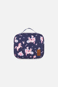 Navy blue insulated snack box with colorful unicorn print and easy-to-carry top handle