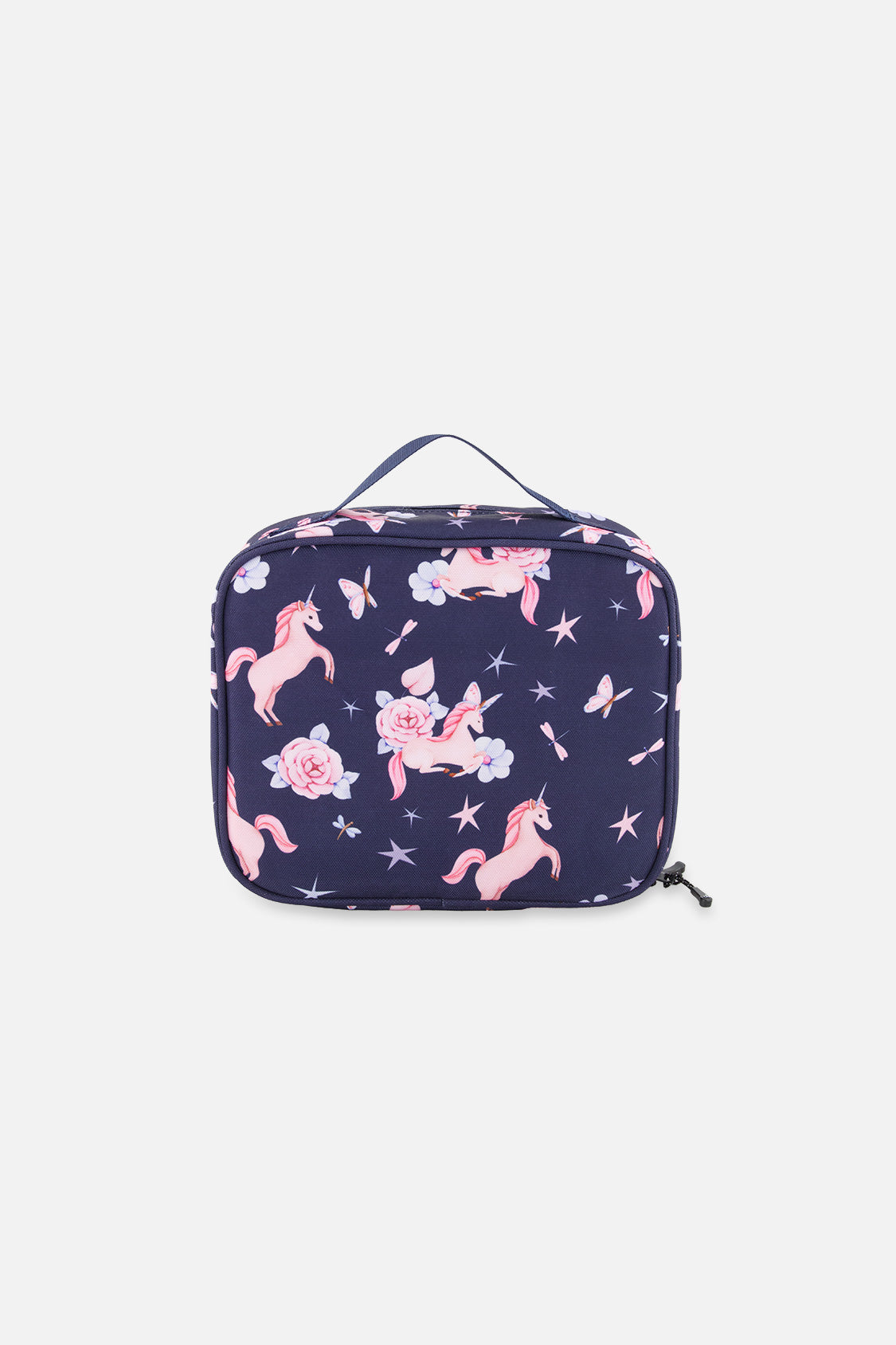 Navy blue insulated snack box with colorful unicorn print and easy-to-carry top handle — view 2