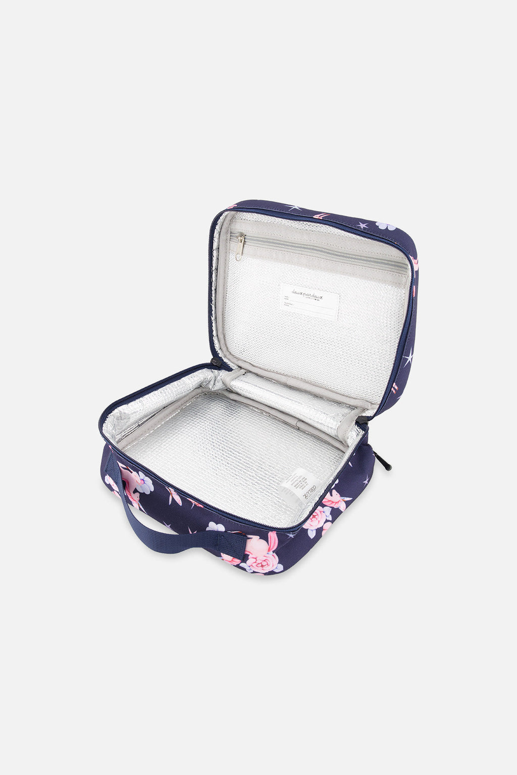 Navy blue insulated snack box with colorful unicorn print and easy-to-carry top handle — view 3