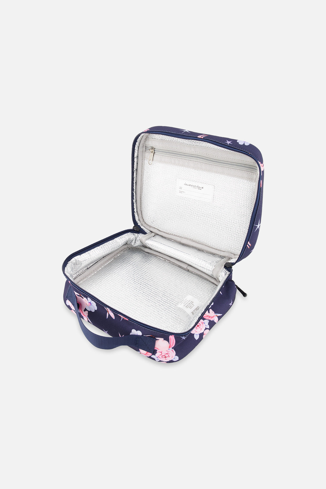Navy blue insulated snack box with colorful unicorn print and easy-to-carry top handle — view 3