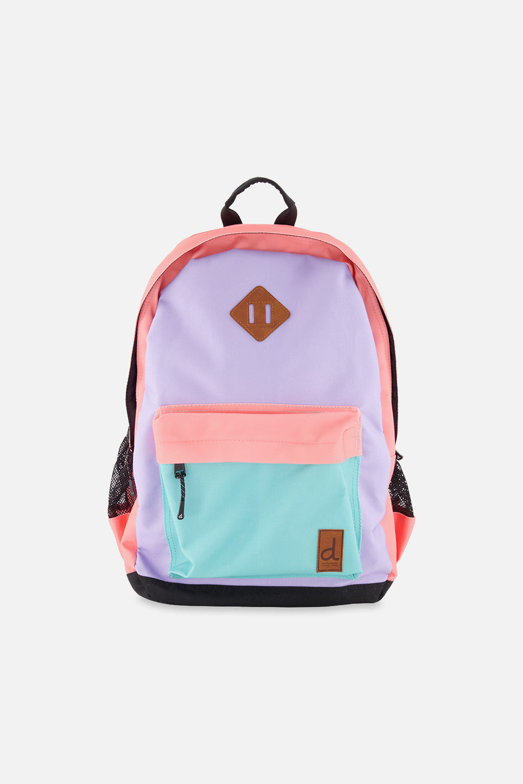Kids color-block backpack in lavender turquoise and orange with front zipper pocket and padded straps