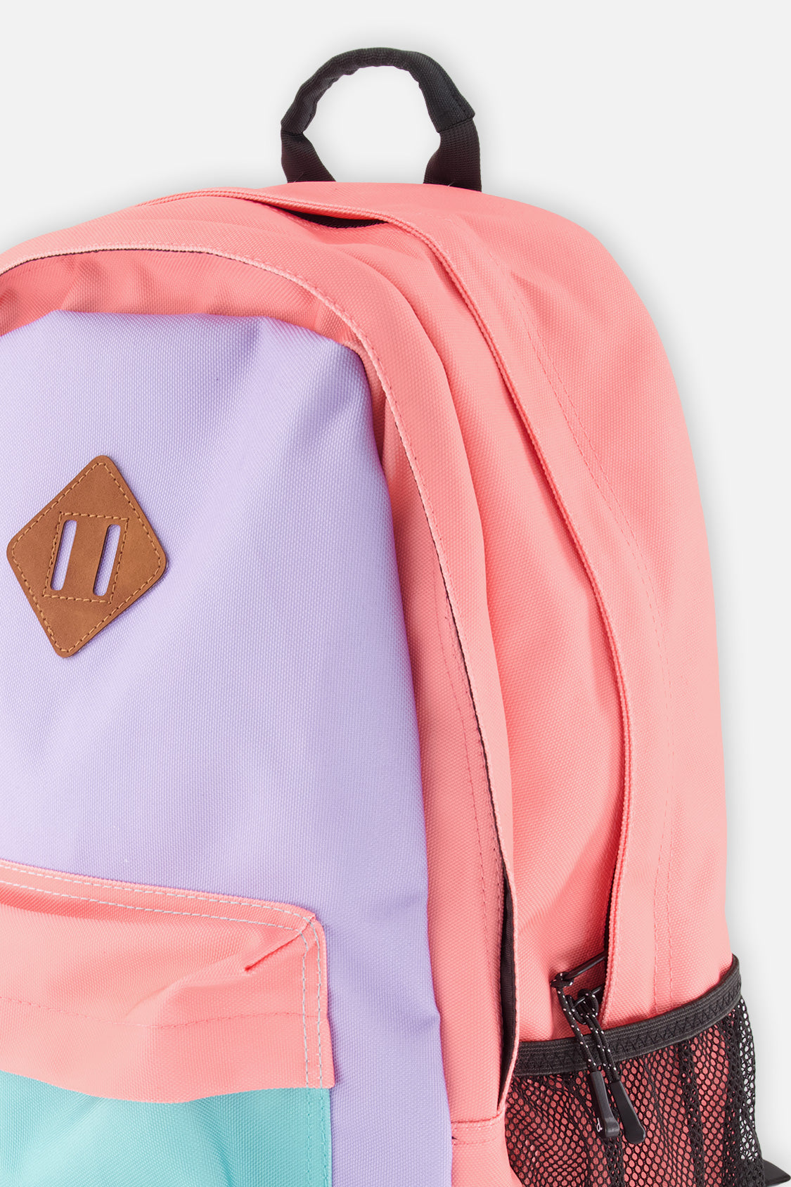Kids color-block backpack in lavender turquoise and orange with front zipper pocket and padded straps — view 4