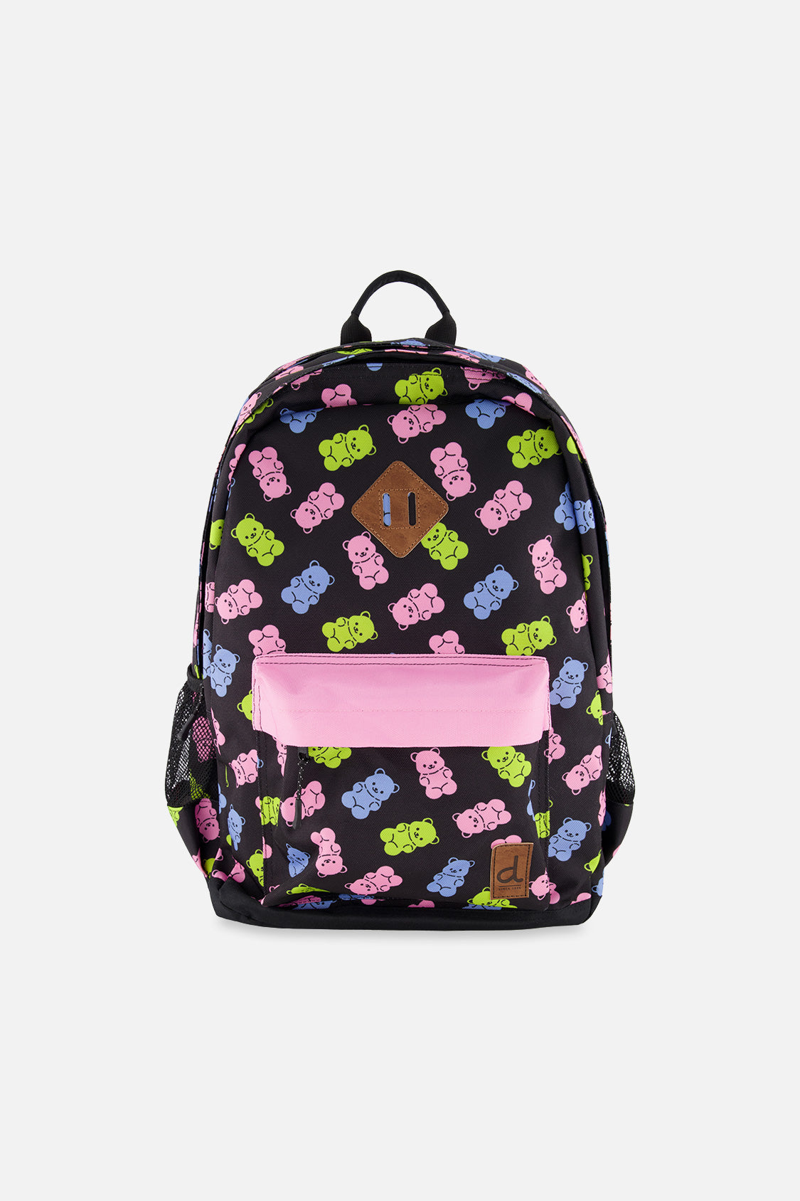 Black kids backpack with colorful gummy bear print featuring two main zipper compartments and padded straps