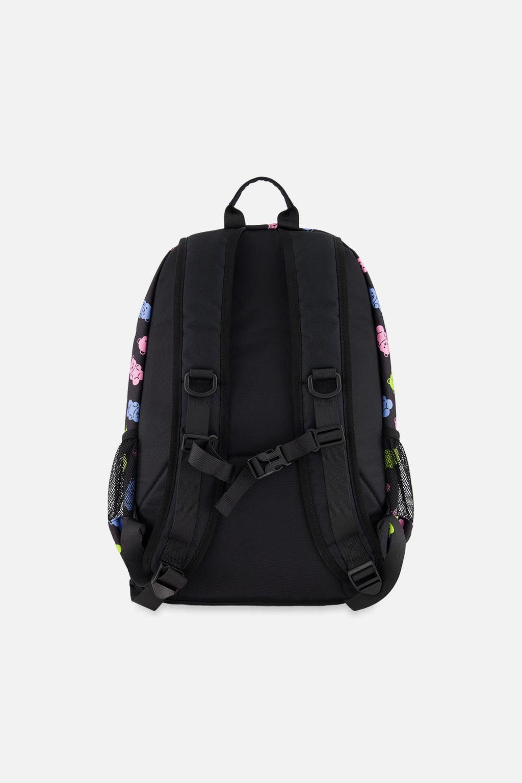 Black kids backpack with colorful gummy bear print featuring two main zipper compartments and padded straps — view 3