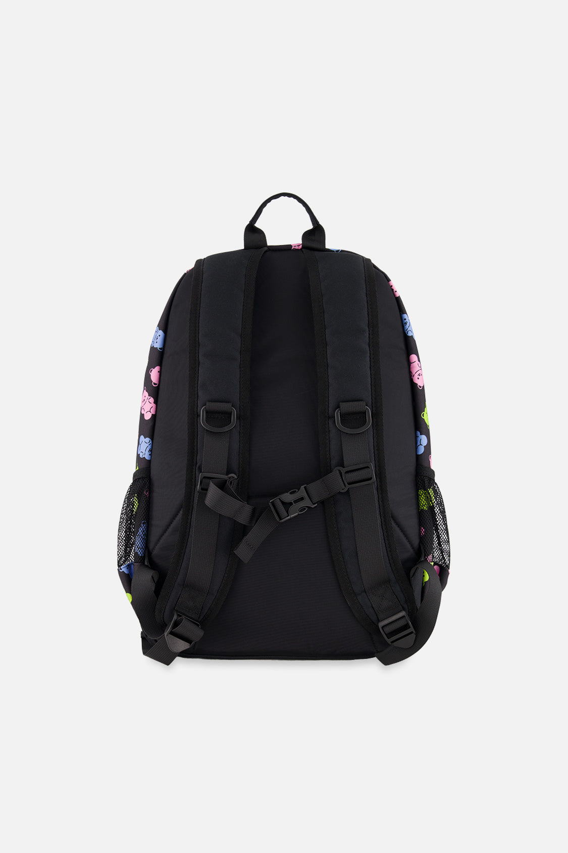 Black kids backpack with colorful gummy bear print featuring two main zipper compartments and padded straps — view 3