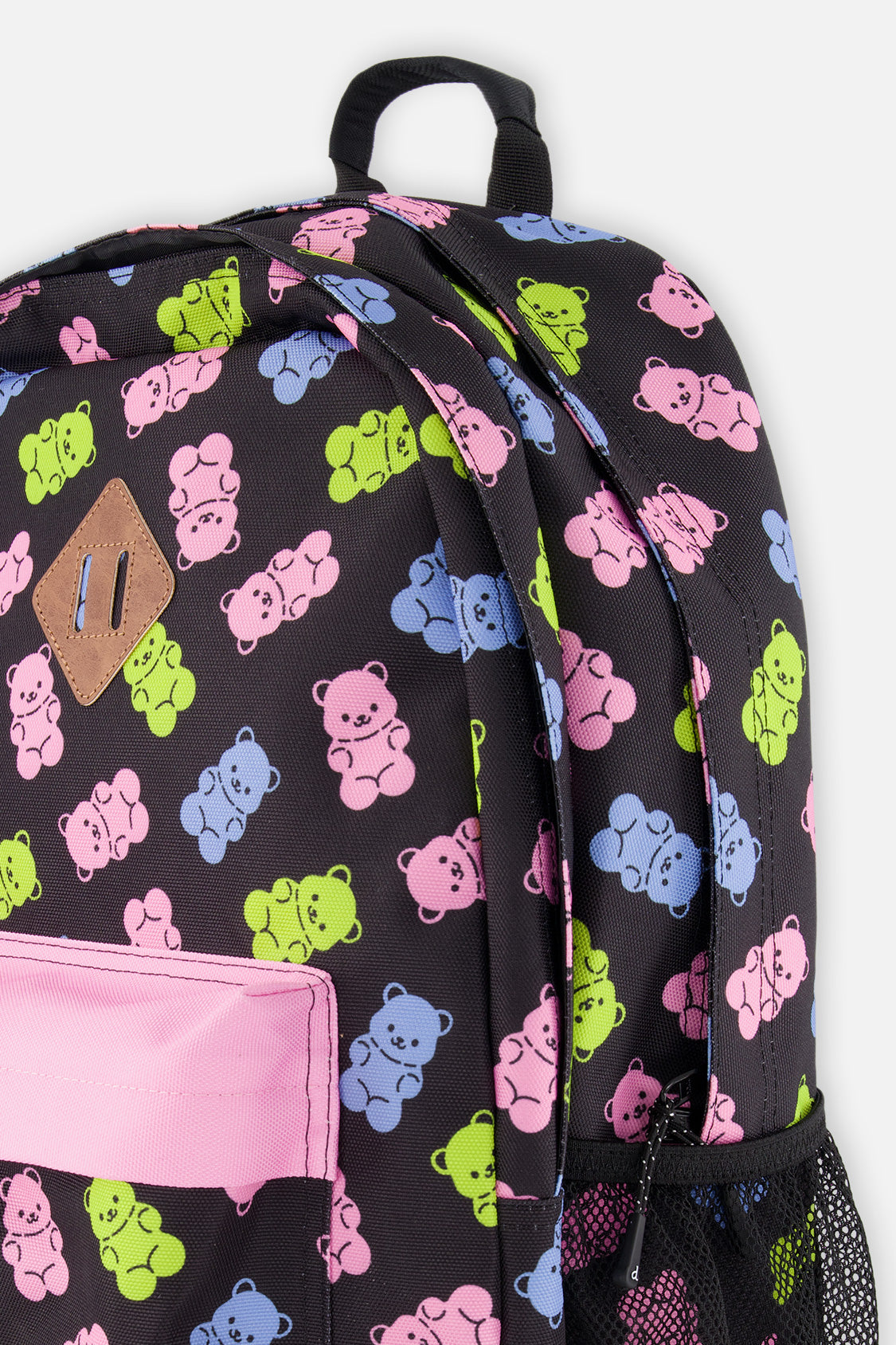 Black kids backpack with colorful gummy bear print featuring two main zipper compartments and padded straps — view 4