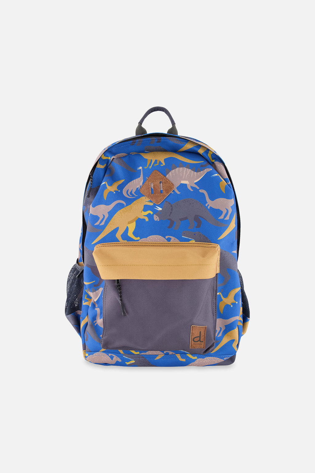 Kids backpack featuring blue dinosaur print padded straps and water bottle pocket in recycled polyester