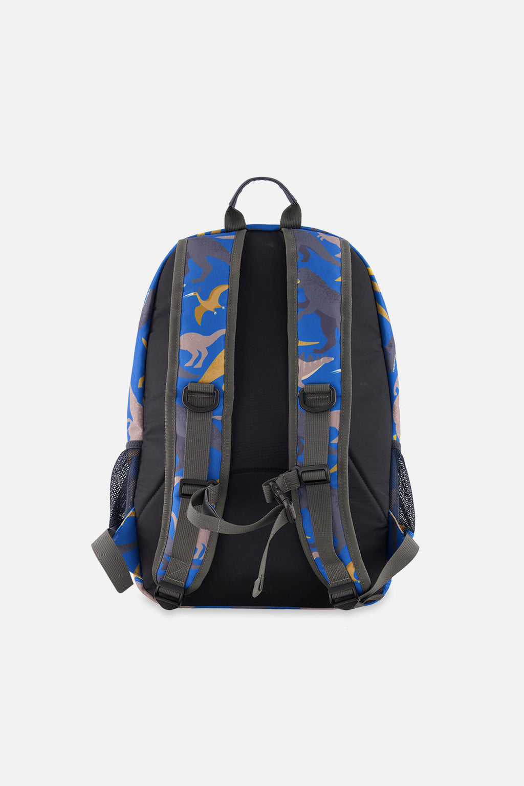 Kids backpack featuring blue dinosaur print padded straps and water bottle pocket in recycled polyester — view 4