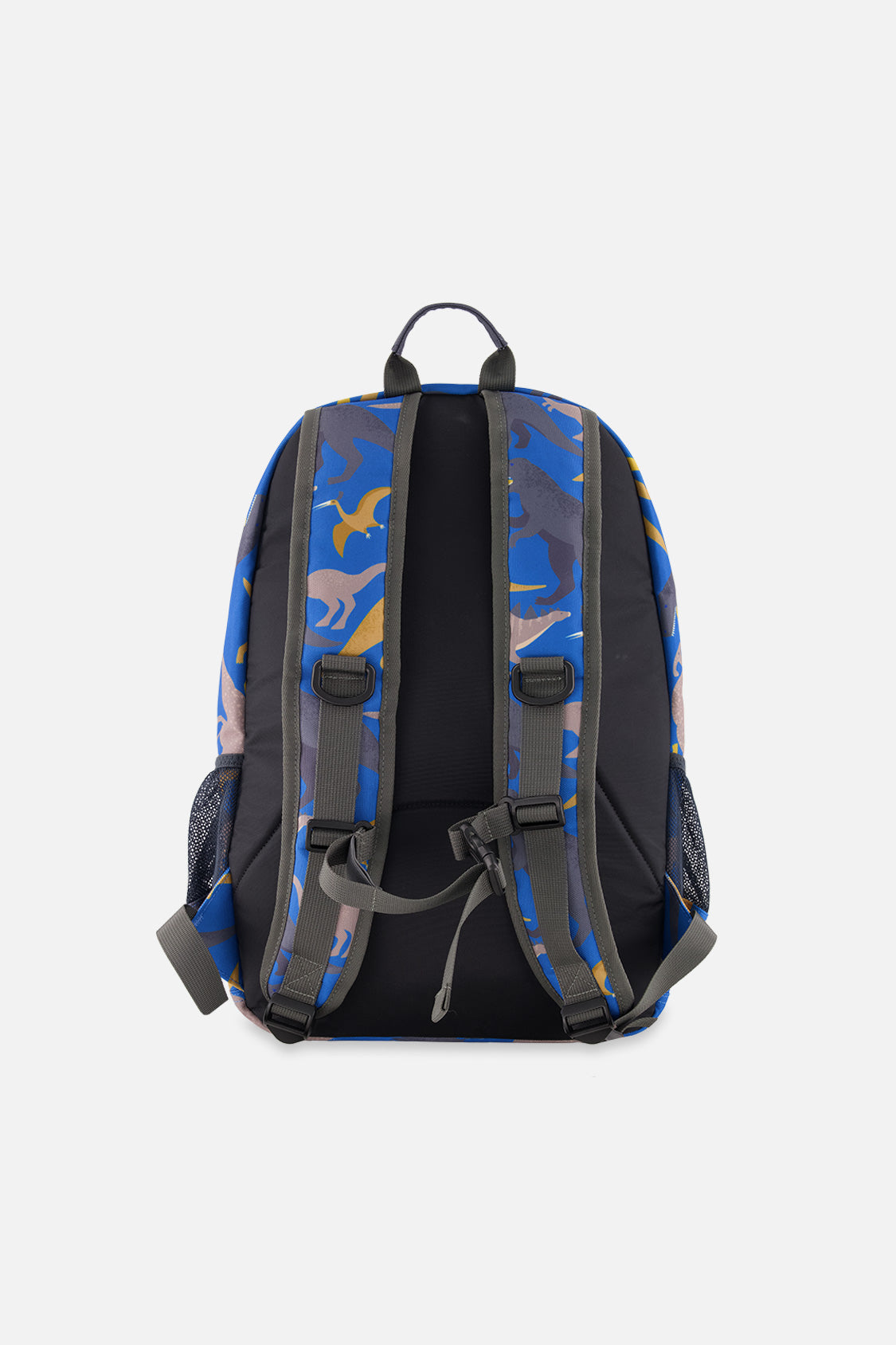 Kids backpack featuring blue dinosaur print padded straps and water bottle pocket in recycled polyester — view 4