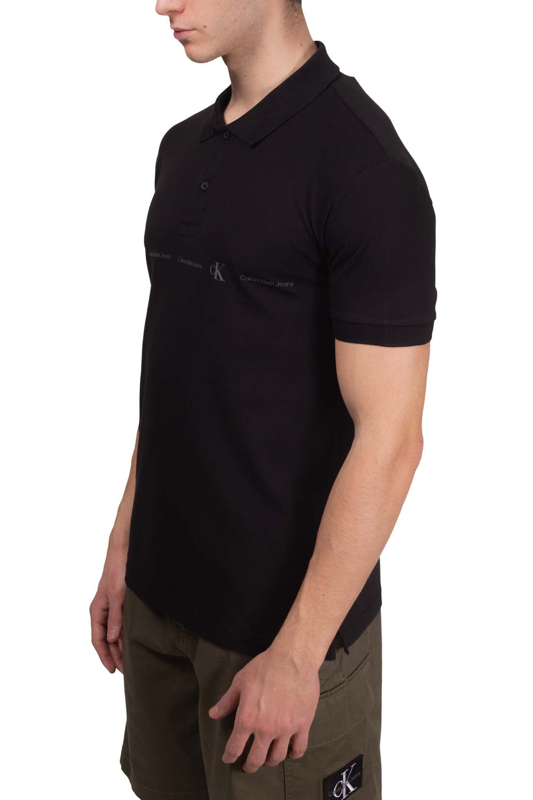 Men's black regular fit short sleeve polo shirt with printed front logo and button placket — view 12