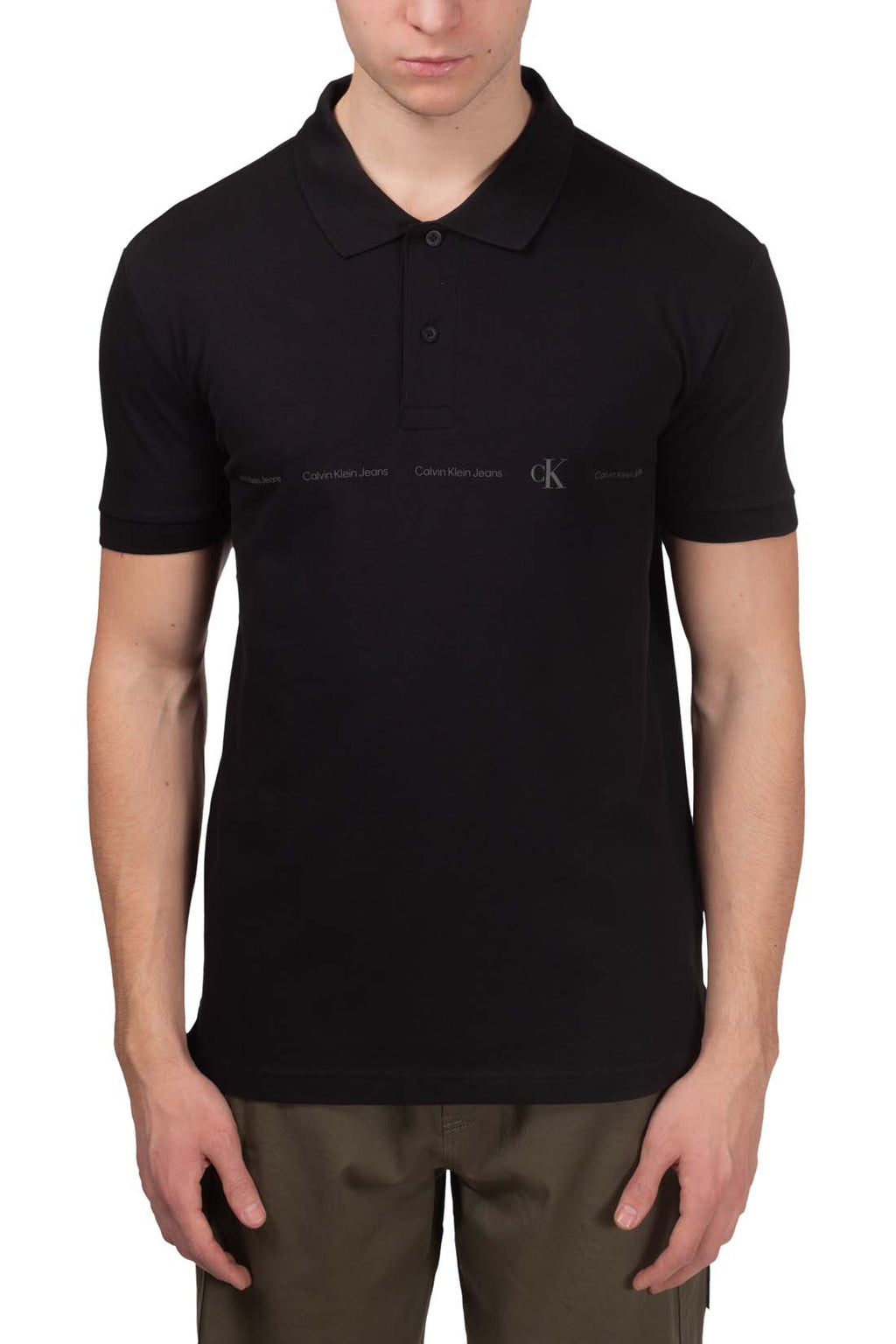 Men's black regular fit short sleeve polo shirt with printed front logo and button placket — view 2