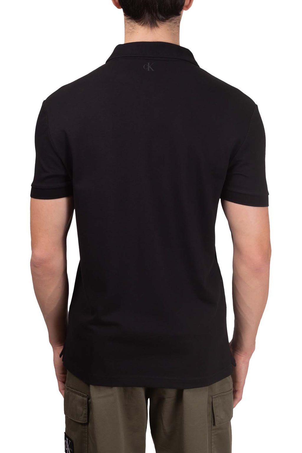 Men's black regular fit short sleeve polo shirt with printed front logo and button placket — view 3