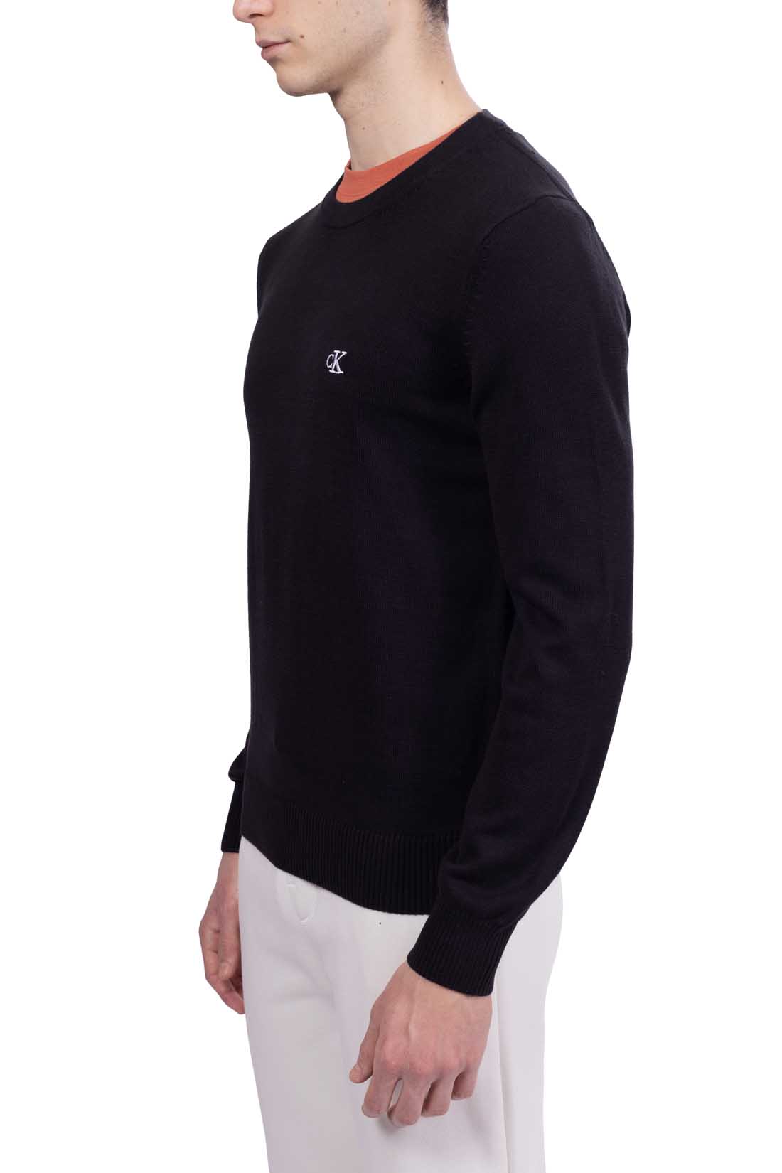 Men's black pure cotton crewneck sweater with long sleeves and embroidered monogram on chest — view 18