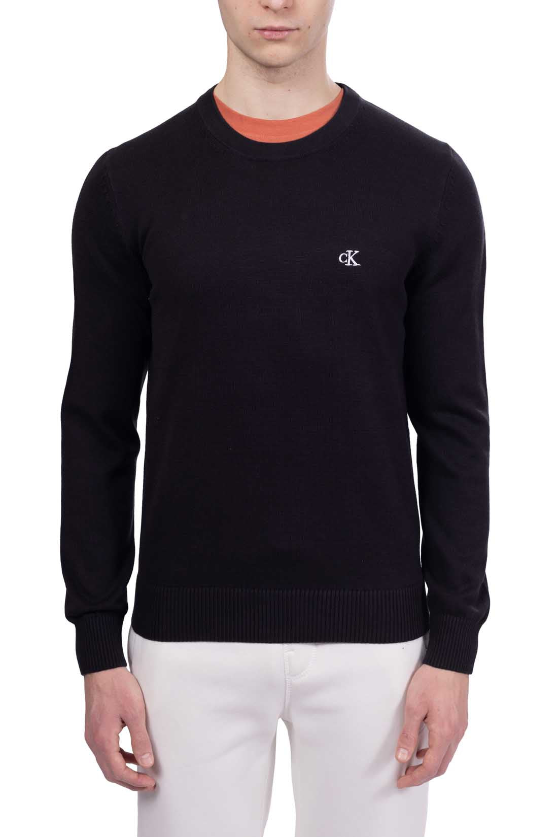 Men's black pure cotton crewneck sweater with long sleeves and embroidered monogram on chest — view 12