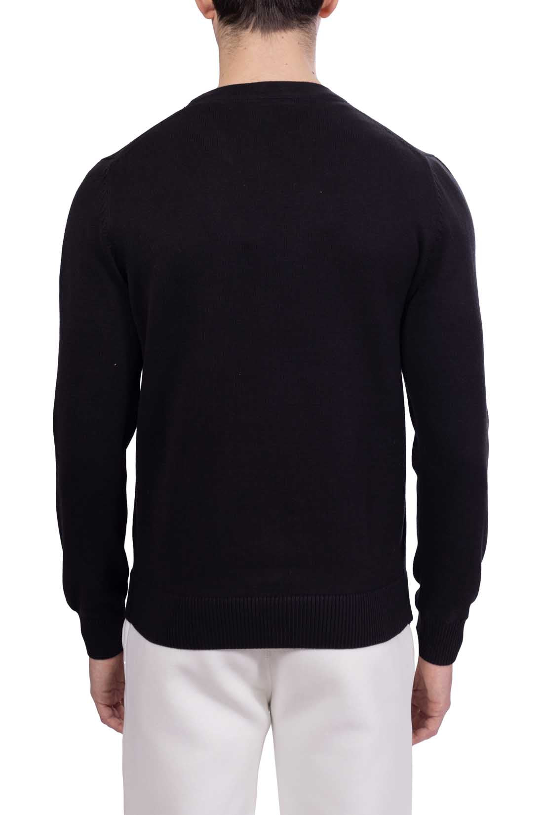 Men's black pure cotton crewneck sweater with long sleeves and embroidered monogram on chest — view 7