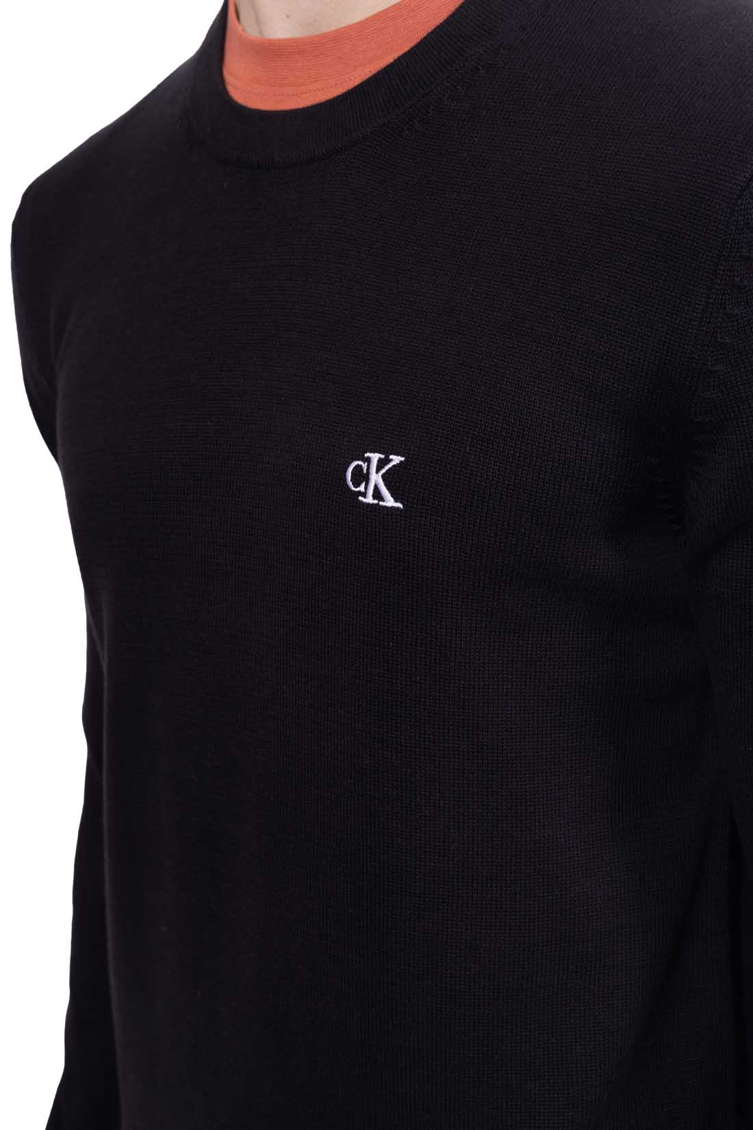 Men's black pure cotton crewneck sweater with long sleeves and embroidered monogram on chest