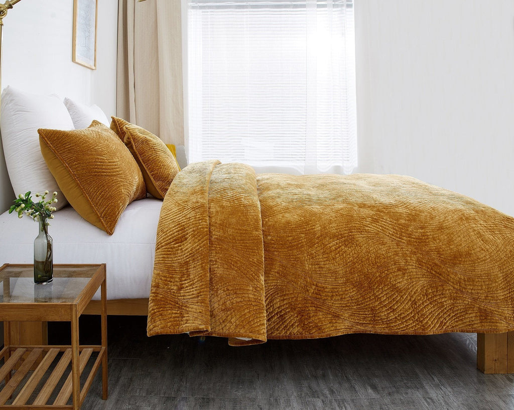 Melted gold plush velvet pillow sham featuring a contemporary wavy texture and hidden zipper closure — view 3