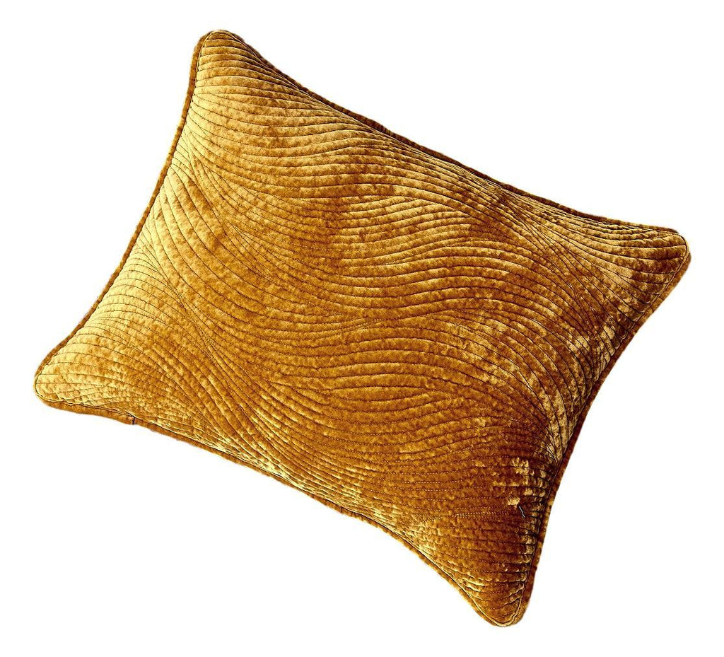 Melted gold plush velvet pillow sham featuring a contemporary wavy texture and hidden zipper closure