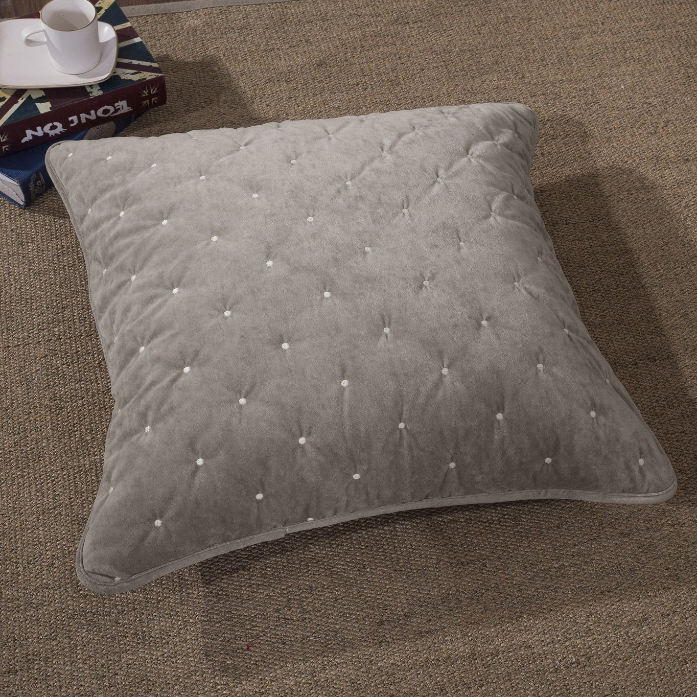Sand taupe beige plush velvet diamond tufted cushion cover with hidden zipper — view 3