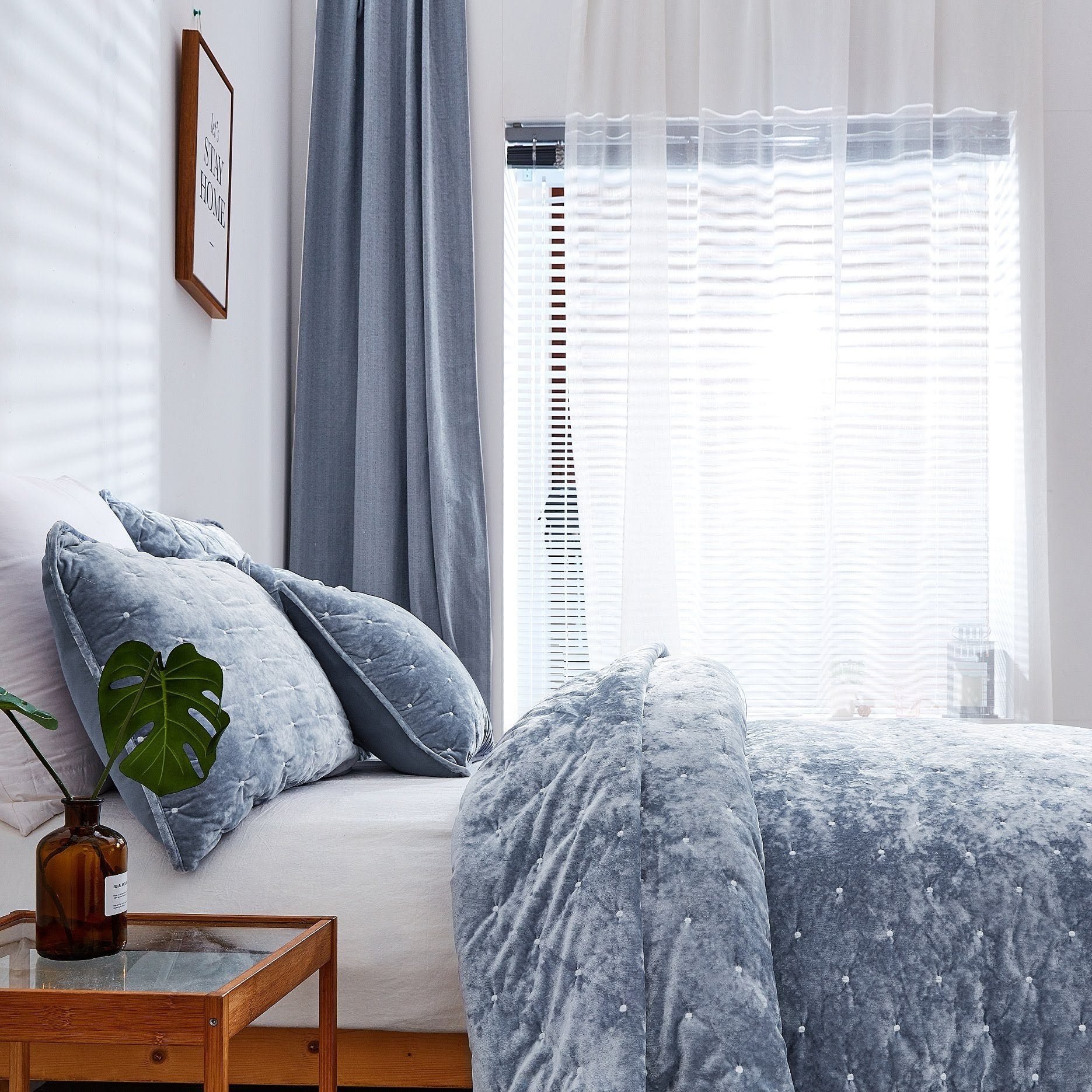Light powder blue velvet cushion cover with plush diamond tufted pattern and exquisite dot quilted stitching — view 5