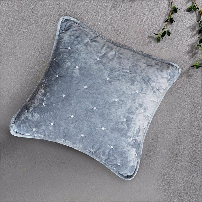 Light powder blue velvet cushion cover with plush diamond tufted pattern and exquisite dot quilted stitching — view 4