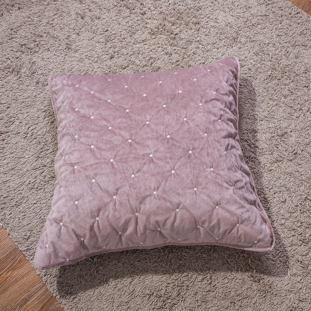 Mauve purple velvet cushion cover with wavy diamond tufted stitching and hidden zipper — view 3