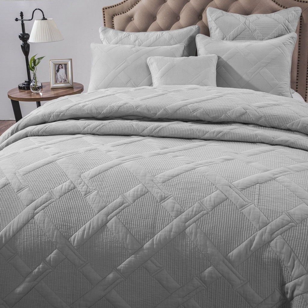 Light grey pastel quilted cotton cushion cover euro sham with geometric diamond stitching. — view 4