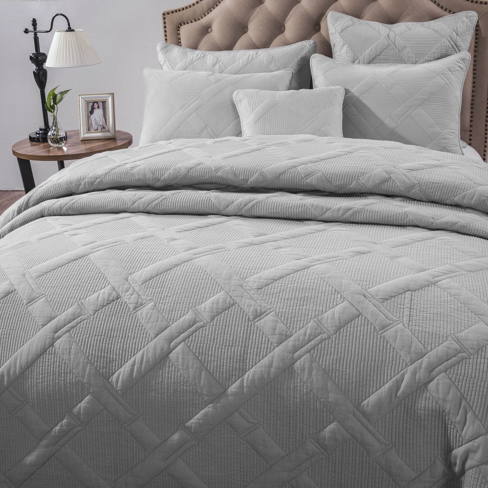 Light grey pastel quilted cotton cushion cover euro sham with geometric diamond stitching. — view 4