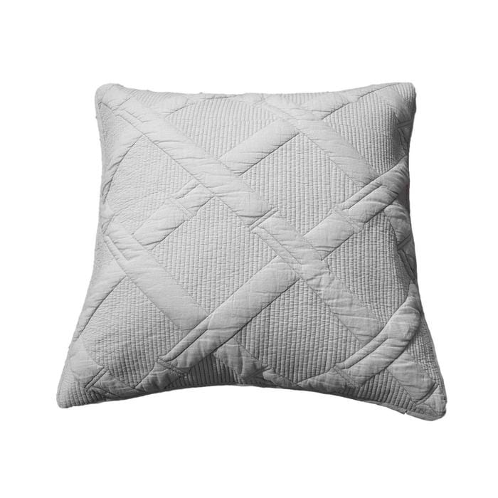 Light grey pastel quilted cotton cushion cover euro sham with geometric diamond stitching.