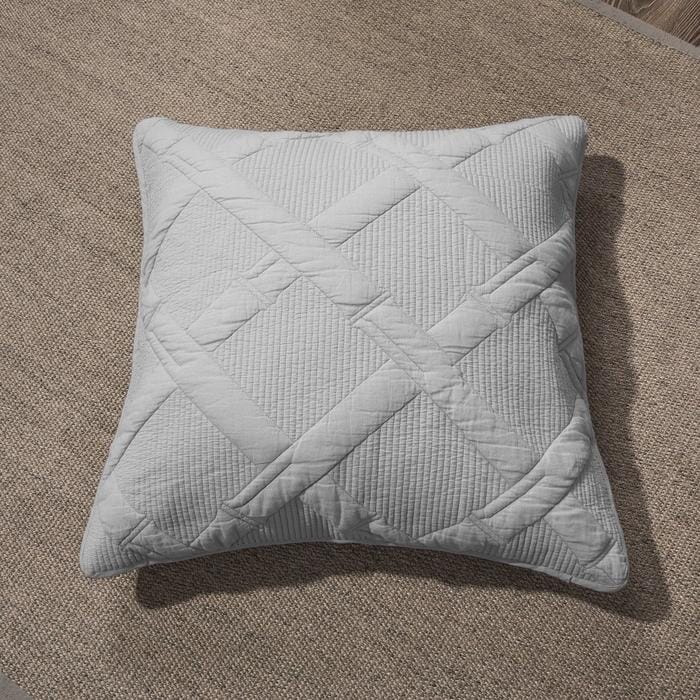Light grey pastel quilted cotton cushion cover euro sham with geometric diamond stitching. — view 2