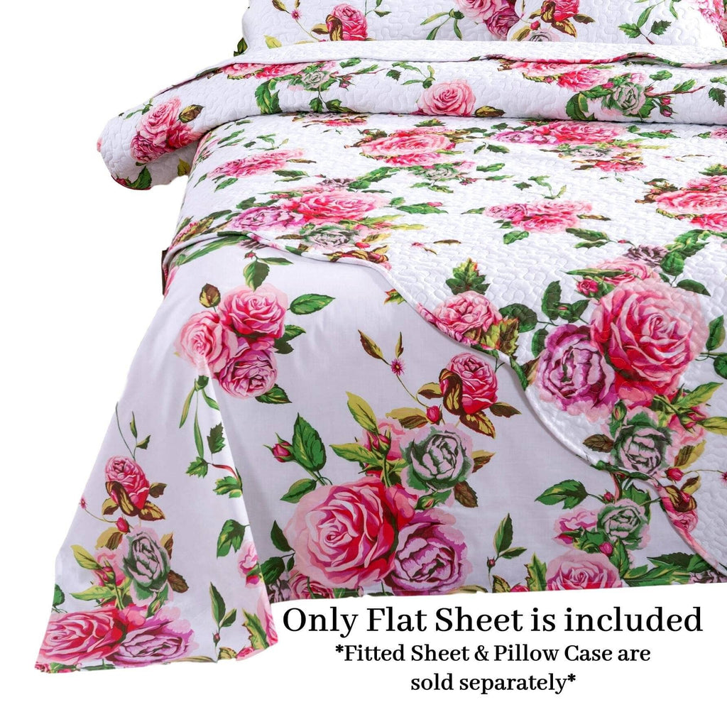 Romantic roses sheet set in pink floral print featuring flat sheet fitted sheet and pillowcases — view 3