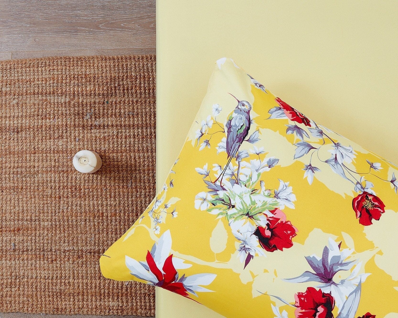 Sunshine yellow floral and hummingbird patterned bed sheets set with pillowcases on a comfortable mattress — view 5