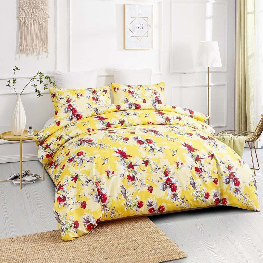 Sunshine yellow floral duvet cover set with hummingbird pattern and matching pillowcases. — view 2