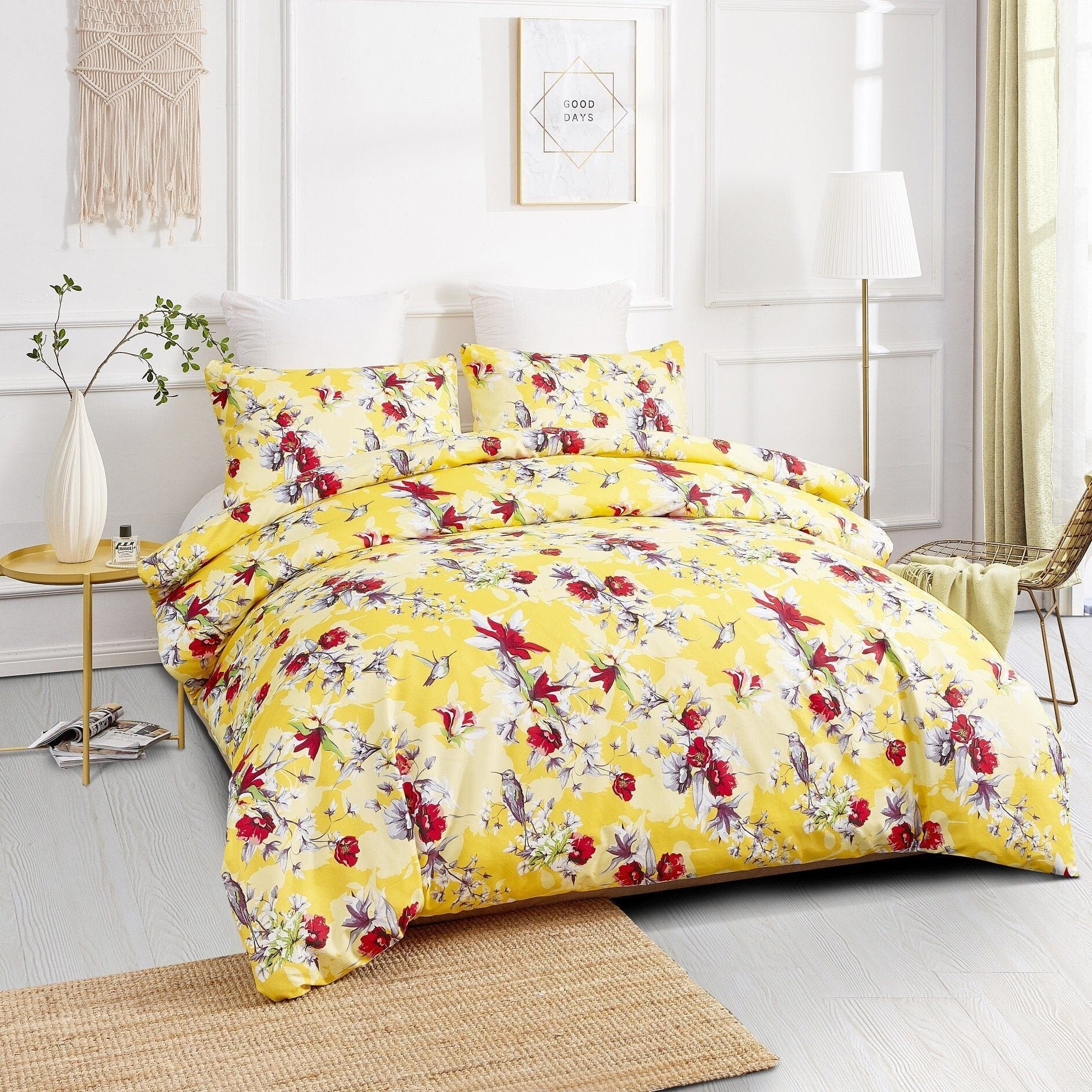 Sunshine yellow floral duvet cover set with hummingbird pattern and matching pillowcases. — view 2