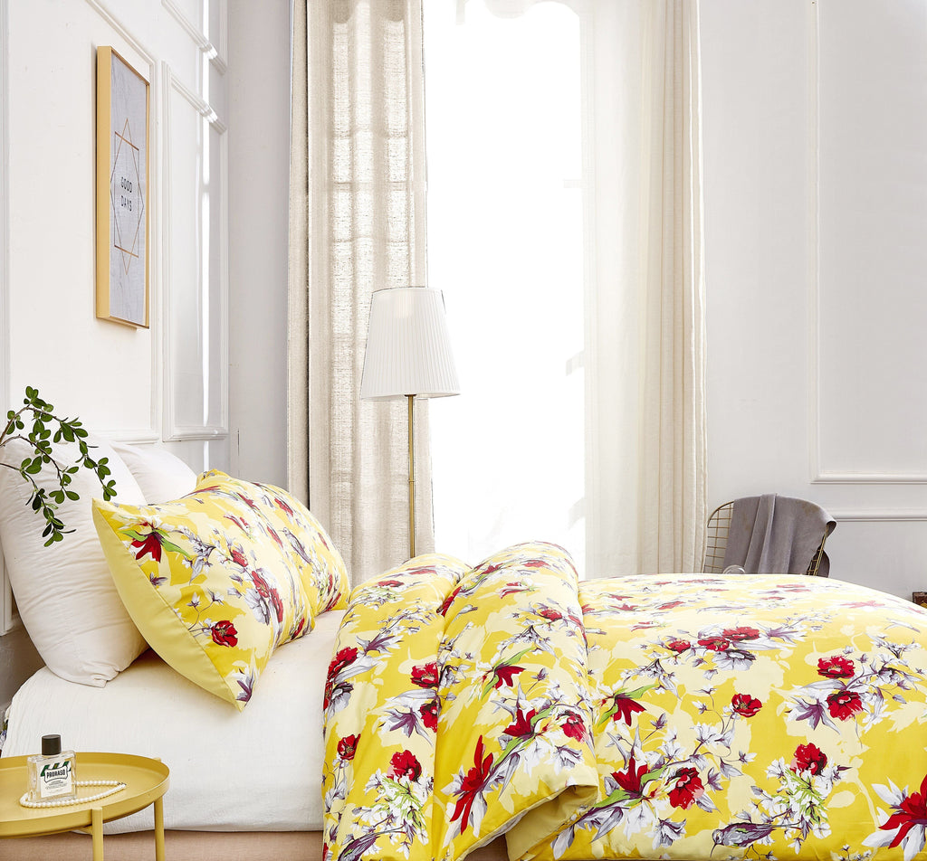 Sunshine yellow floral duvet cover set with hummingbird pattern and matching pillowcases. — view 3