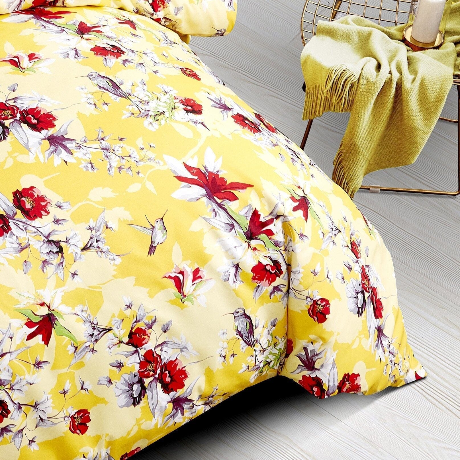 Sunshine yellow floral duvet cover set with hummingbird pattern and matching pillowcases. — view 4