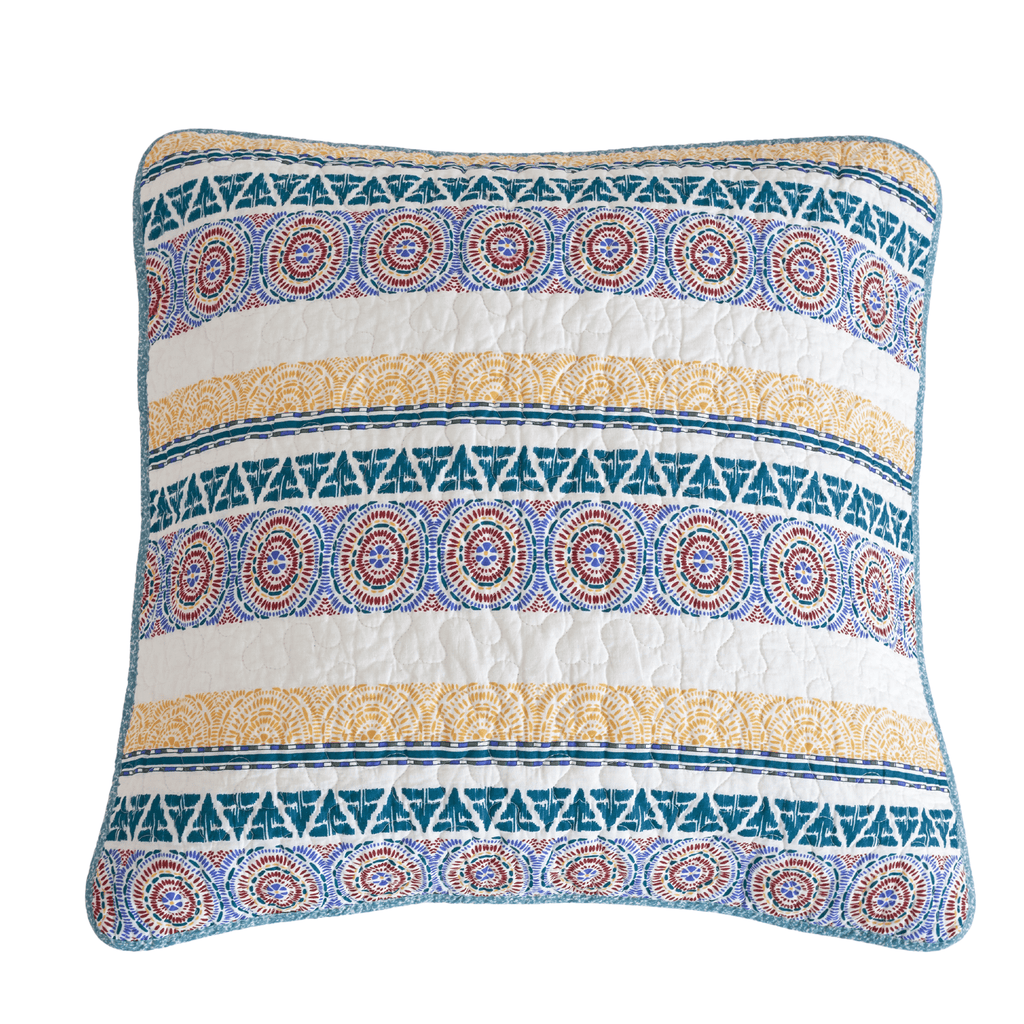 Cotton patchwork Euro pillow sham with blue and yellow bohemian floral and geometric patterns