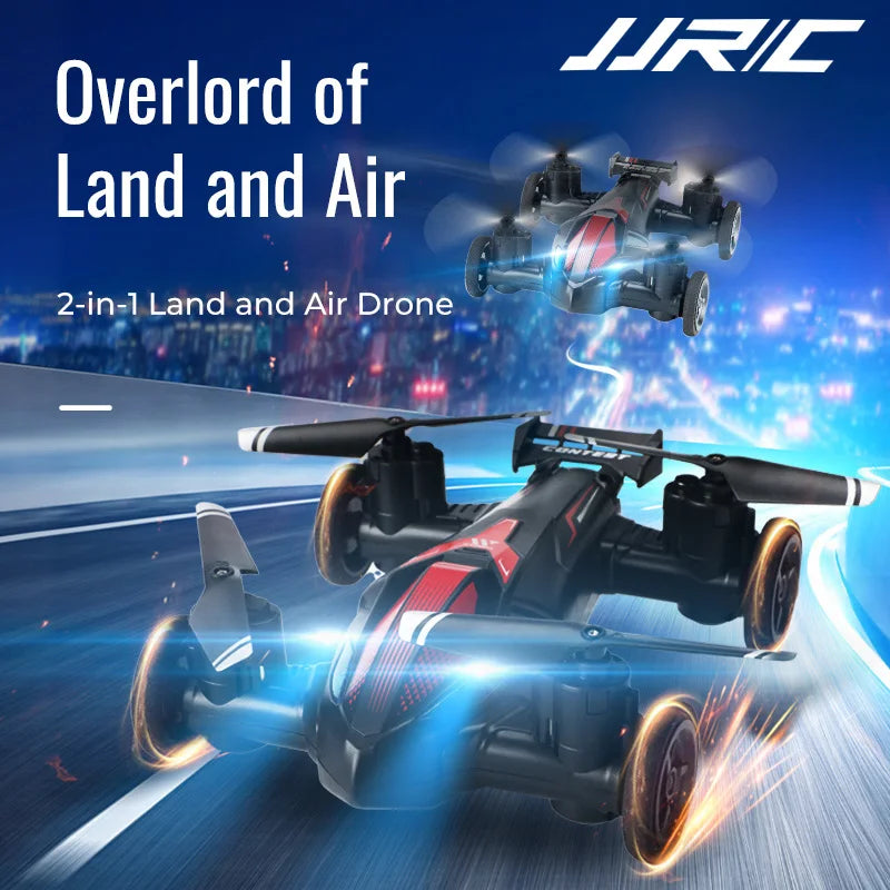 Dual-mode mini drone and RC car hybrid in flight with remote controller and durable propellers