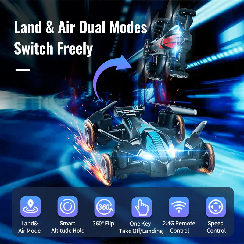 Dual-mode mini drone and RC car hybrid in flight with remote controller and durable propellers — view 2