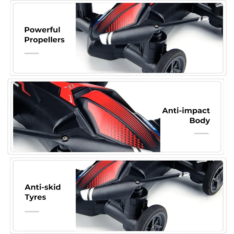 Dual-mode mini drone and RC car hybrid in flight with remote controller and durable propellers — view 5